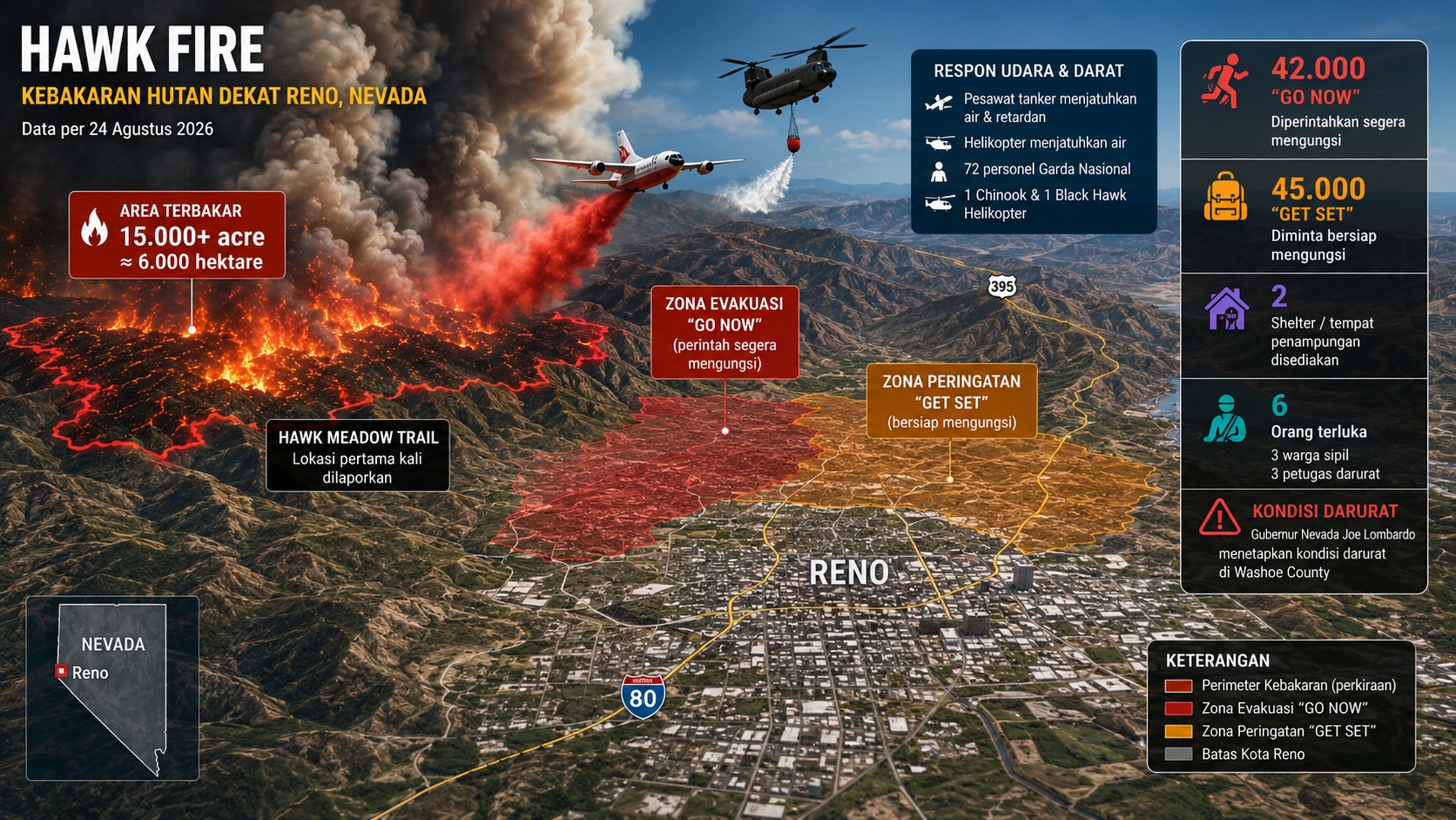 Hawk Fire Meluas di Nevada, Puluhan Ribu Warga Terpaksa Mengungsi
